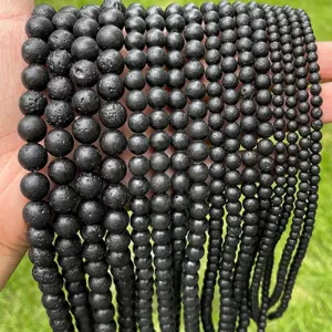 Cuentas redondas de piedra de lava negra porosa natural grado 6A para hacer joyas