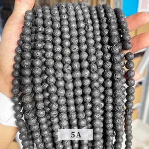 Cuentas redondas de piedra de lava negra natural para creación de joyería DIY grado 5A