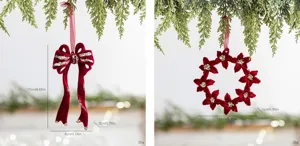 Detailed dimensions of burgundy velvet Christmas bow and floral wreath hanging ornaments