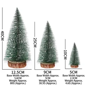 Detailed dimensions and weight comparison for three sizes of mini frosted Christmas trees