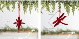 Burgundy flocked Christmas star and dragonfly ornaments with size and weight details