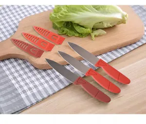 Stainless steel fruit knife set with protective covers, sharp kitchen paring knives for home.