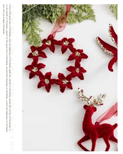 Macro view of burgundy flocked Christmas ornaments featuring reindeer and gold glitter