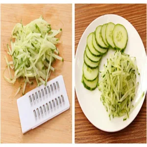 Vista dettagliata delle lame per affettare verdure con cetrioli tagliati a fette e julienne.