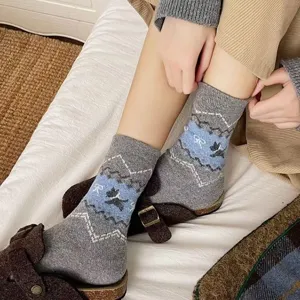 Fair Isle Puppy Bow Mid-Tube Socks Thick Warm Vintage Winter Socks Cozy Snow Boot Hosiery