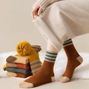 Women's Thickened Thermal Terry Mid-Tube Socks Autumn Winter Striped Cozy Warm Cotton Casual Socks For Ladies