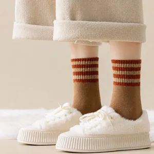 Thickened women's autumn and winter mid-calf thermal fleece lined striped casual warm socks.