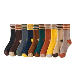 Women thick winter warm mid-calf striped terry socks casual cozy cotton hosiery set