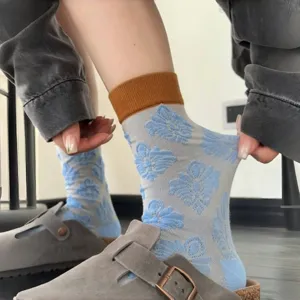 Chaussettes Mi-Mollet Géométriques Gaufrées de Style Vintage pour Femmes Bloc de Couleur Chaussettes Ras du Cou en Coton Décontractées