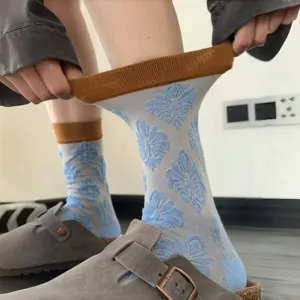Chaussettes mi-hautes vintage à relief floral pour femmes rétro colorblock style été