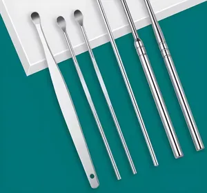 Détail du kit de cure-oreilles en acier inoxydable avec 6 outils de nettoyage portables.
