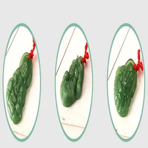 Pendentif style jade vert avec cordon rouge vue en detail, porte-bonheur traditionnel.