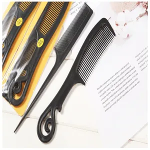 Close up details of black plastic hair styling combs set with tail comb for professional salon.
