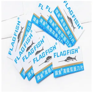 Gedetailleerd overzicht van FLAG FISH roestvrijstalen dubbelzijdige scheermesjes, scherp.
