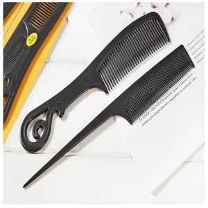 Black plastic hair comb set including styling comb and tail comb for professional salon styling.