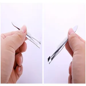 Stainless steel eyebrow tweezer close-up showing slanted tip for precise grooming.