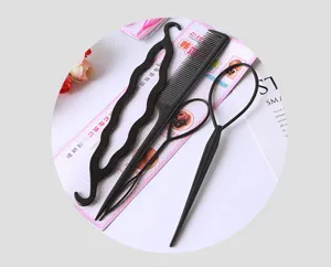 Korean 4-piece hair styling tool set with pull hair pins, comb and wavy styling disc for easy use.