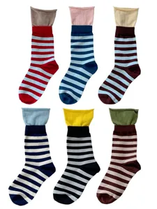 Colorful striped mid-calf socks with double-layer rolled cuffs, cozy casual women socks.