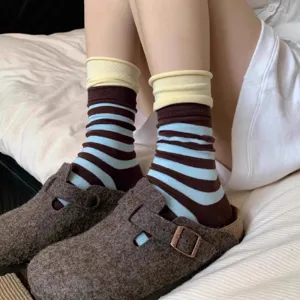 Women Colorblock Striped Double Layer Cuff Stacked Socks Japanese Casual Sports Mid-Calf Socks