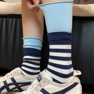 Dopamine colorblock striped double-layer cuff stacking socks casual mid-tube sports socks