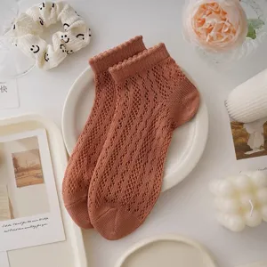 Brown Japanese lace hollow cotton short socks, sweet lolita aesthetic ankle socks.
