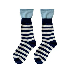 Women's dopamine color-contrast striped double cuff rolled slouch socks, spring autumn mid socks.