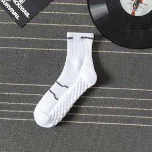 Men white mid-tube athletic socks with grey stripes and thickened towel bottom for sports running.
