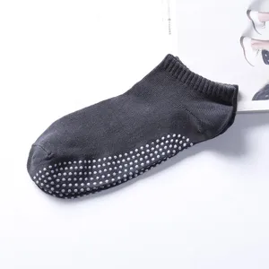 Gray non-slip yoga socks detail view with dotted silicone soles for grip and sports activities.