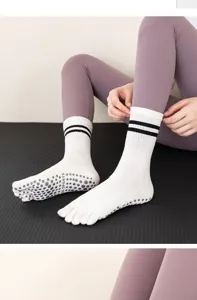 Women non-slip five toe yoga socks breathable cotton pilates sports socks with grip dots