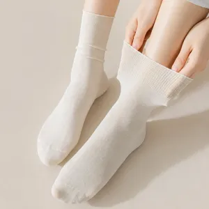 Women's Casual Solid Color Crew Socks Breathable Soft Cotton Hosiery