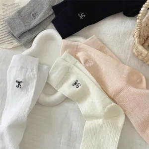 Women ballet style bow mesh mid-calf socks, breathable summer thin cute Japanese long hosiery.