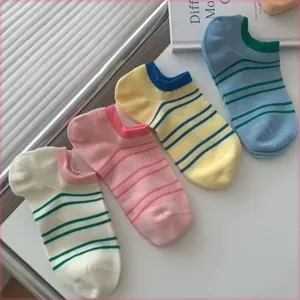 Details of the Korean style thin striped low cut invisible socks for comfortable summer wear.