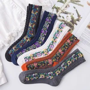 Vintage Ethnic Style Floral Jacquard Mid Calf Socks Women Autumn Winter Sweet Casual Slouch Knit Long Hosiery