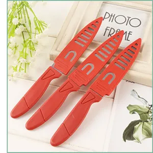 Set of 3 red fruit knives with protective covers, stainless steel kitchen utility knife.
