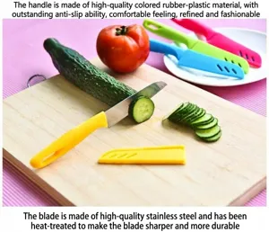 Couteau à fruit en acier inoxydable avec manche en plastique coloré et étui de protection.