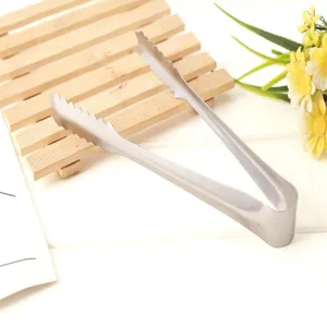 Stainless steel ice tongs detail view, showing serrated edge and durable metal material.