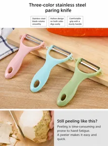 Stainless steel paring knife set with three colors, ergonomic handle, and sharp rotating blade.