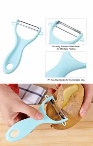 Stainless steel vegetable peeler with blue PP handle, sharp rotatable blade for kitchen use.