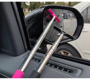 Telescopic car rearview mirror wiper detail showing compact design for easy cleaning.