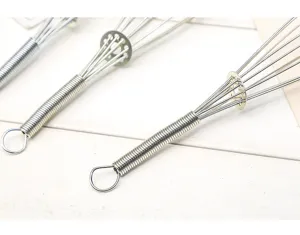 Gros plan détail de fouet à œuf manuel en acier inoxydable outil de cuisson avec ressort.