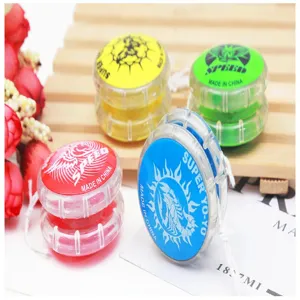 Colorful plastic yo-yo detail shot, transparent shell with classic playful design toys.