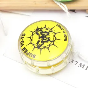 Clear plastic yoyo toy with yellow sticker graphic design, classic promotional novelty item.