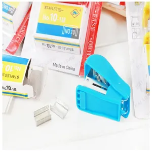 Detailed view of mini stapler set with No.10 metal staples and packaging boxes.