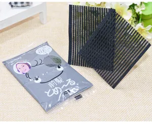 Black hair fringe grip pads set with packaging, reusable magic bangs holder for daily makeup.