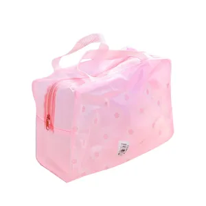 Rosa transparente Reise Kosmetiktasche wasserdichte Make-up Tasche mit Griff und Reißverschluss.