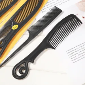 Professional black plastic hair comb set, durable styling tail comb for salon and home use.