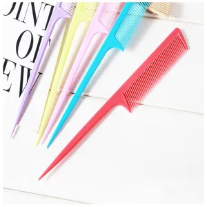 Colorful tail hair combs detail shot, professional parting comb set for salon styling.