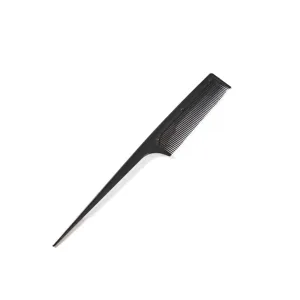 Professional black plastic tail comb for hair styling and parting, sleek design.