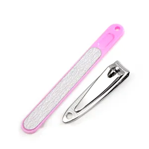 Stainless steel nail clipper and pink handle nail file set, essential daily manicure tools.