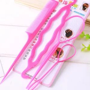 Pink hair styling tools set including tail comb and pulling hair pins for daily salon and home use.